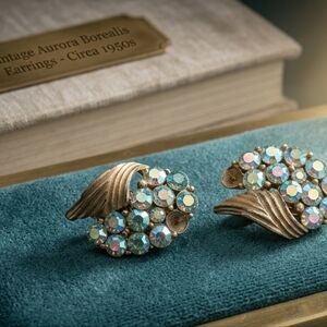 Vintage 1950s Aurora Borealis Rhinestone Clip-On Earrings, Gold Tone Leaf Design